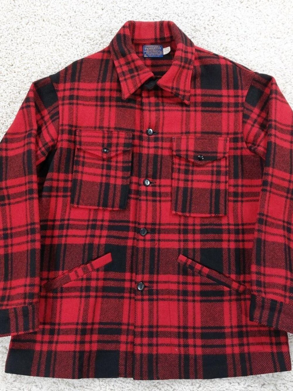 Vtg 70s Pendleton Mackinaw Chore Wool Jacket Red Black Plaid Hunting Men's Sz M